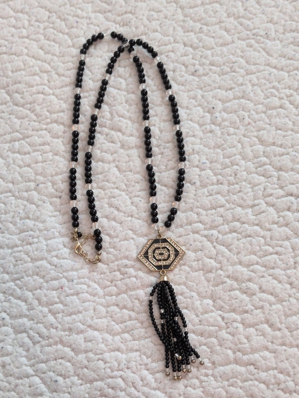 Avon 80's Boho Glass Beaded Geometric Pattern Tassel Fringe Hippie Necklace